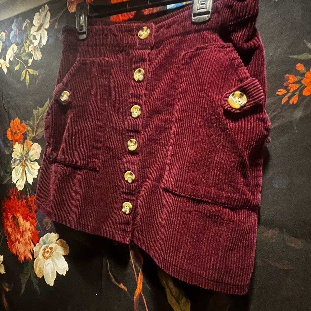 Burgundy Corduroy Skirt with beige Buttons